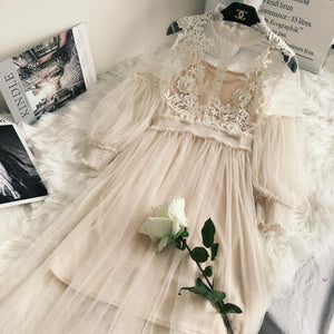 New Arrivals Women Lace Flower Dress Long Gauze Lantern Sleeve Voile Long Dress Female Retro Hook Princess Dress 2 Piece Set