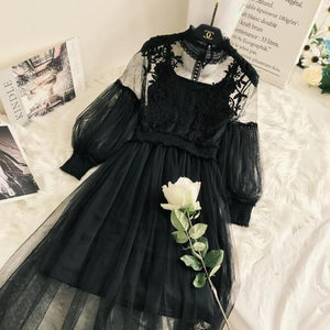 New Arrivals Women Lace Flower Dress Long Gauze Lantern Sleeve Voile Long Dress Female Retro Hook Princess Dress 2 Piece Set