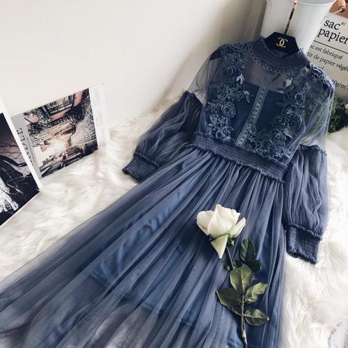 New Arrivals Women Lace Flower Dress Long Gauze Lantern Sleeve Voile Long Dress Female Retro Hook Princess Dress 2 Piece Set