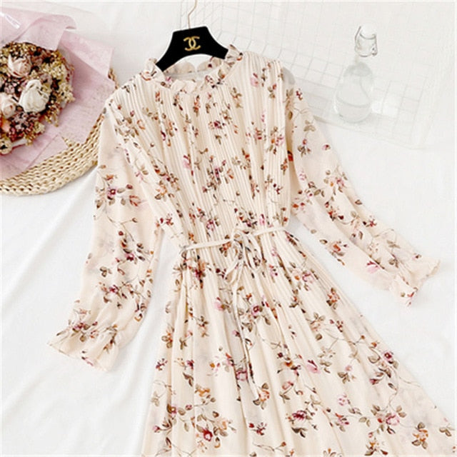 2019 Spring Summer New Hot Women Print Pleated Chiffon Dress  Fashion Female Casual Flare Sleeve Lotus leaf neck Basic Dresses86