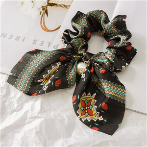 2019 New Chiffon Bowknot Silk Hair Scrunchies Women Pearl Ponytail Holder Hair Tie Hair Rope Rubber Bands Hair Accessories