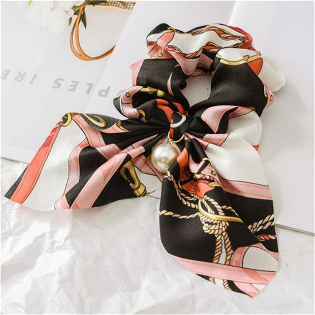 2019 New Chiffon Bowknot Silk Hair Scrunchies Women Pearl Ponytail Holder Hair Tie Hair Rope Rubber Bands Hair Accessories