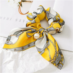 2019 New Chiffon Bowknot Silk Hair Scrunchies Women Pearl Ponytail Holder Hair Tie Hair Rope Rubber Bands Hair Accessories