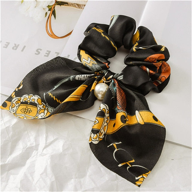 2019 New Chiffon Bowknot Silk Hair Scrunchies Women Pearl Ponytail Holder Hair Tie Hair Rope Rubber Bands Hair Accessories