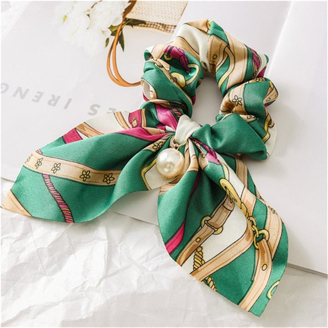 2019 New Chiffon Bowknot Silk Hair Scrunchies Women Pearl Ponytail Holder Hair Tie Hair Rope Rubber Bands Hair Accessories