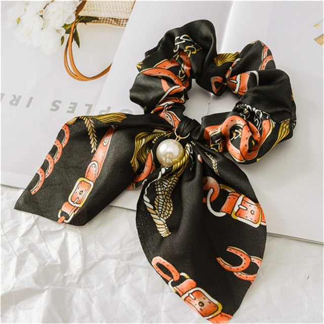 2019 New Chiffon Bowknot Silk Hair Scrunchies Women Pearl Ponytail Holder Hair Tie Hair Rope Rubber Bands Hair Accessories