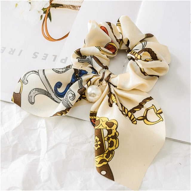 2019 New Chiffon Bowknot Silk Hair Scrunchies Women Pearl Ponytail Holder Hair Tie Hair Rope Rubber Bands Hair Accessories