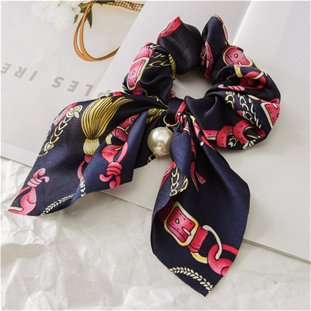 2019 New Chiffon Bowknot Silk Hair Scrunchies Women Pearl Ponytail Holder Hair Tie Hair Rope Rubber Bands Hair Accessories