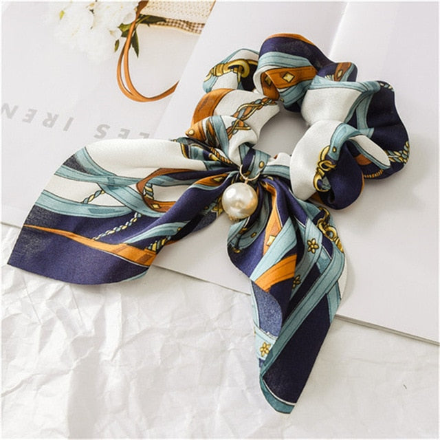 2019 New Chiffon Bowknot Silk Hair Scrunchies Women Pearl Ponytail Holder Hair Tie Hair Rope Rubber Bands Hair Accessories