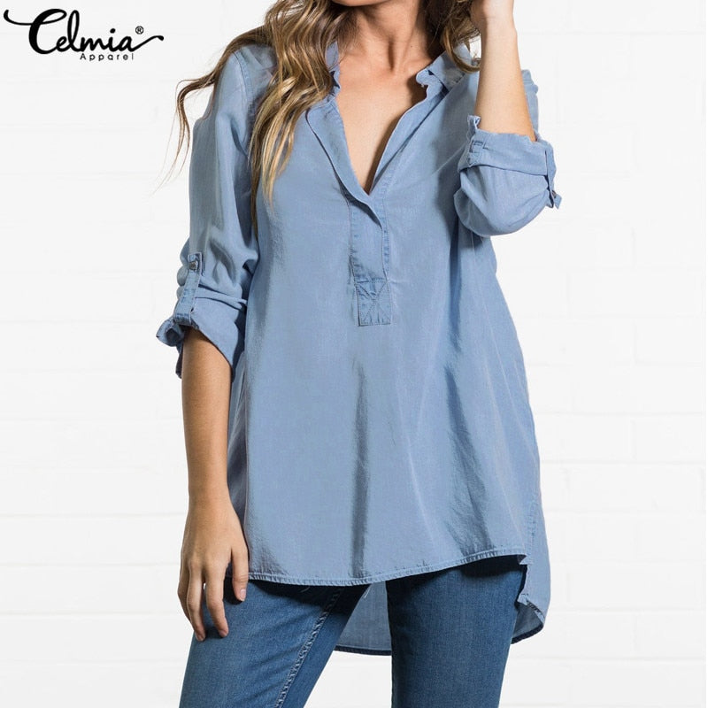 Celmia Denim Blue Blouse Women 2019 Autumn Sexy V Neck Long Sleeve Blusas Chemsie Femininas Loose Office Shirt Casual Ladies Top