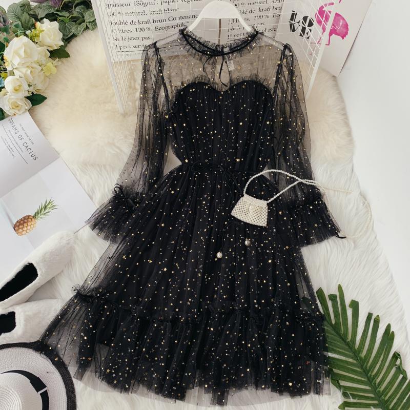 2019 Spring New Women Star Sequins Gauze Flare Sleeve High Waistline Princess Dress Female Elegant O-neck Mesh Dresses