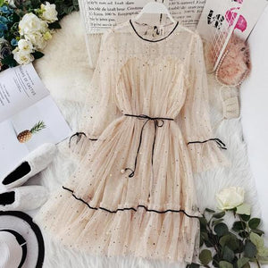 2019 Spring New Women Star Sequins Gauze Flare Sleeve High Waistline Princess Dress Female Elegant O-neck Mesh Dresses