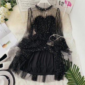 2019 Spring New Women Star Sequins Gauze Flare Sleeve High Waistline Princess Dress Female Elegant O-neck Mesh Dresses