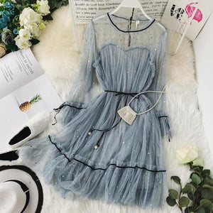 2019 Spring New Women Star Sequins Gauze Flare Sleeve High Waistline Princess Dress Female Elegant O-neck Mesh Dresses