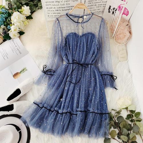 2019 Spring New Women Star Sequins Gauze Flare Sleeve High Waistline Princess Dress Female Elegant O-neck Mesh Dresses