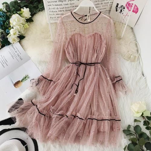 2019 Spring New Women Star Sequins Gauze Flare Sleeve High Waistline Princess Dress Female Elegant O-neck Mesh Dresses