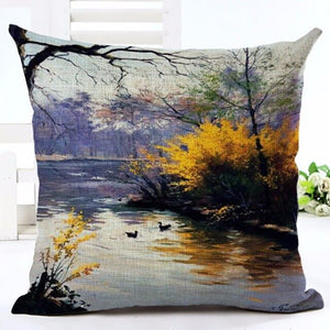 Hot Selling Oil Painting Scenic Printed Linen Cotton Square Home Decor Homeware Throw Pillow Cushion Cojines Almohadas