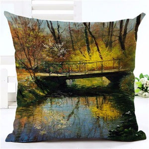 Hot Selling Oil Painting Scenic Printed Linen Cotton Square Home Decor Homeware Throw Pillow Cushion Cojines Almohadas