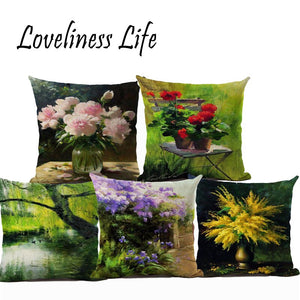 Hot Selling Oil Painting Scenic Printed Linen Cotton Square Home Decor Homeware Throw Pillow Cushion Cojines Almohadas