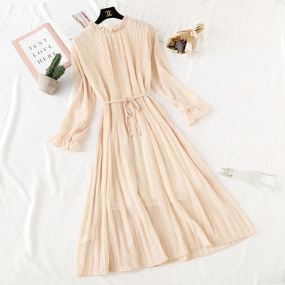 2019 Spring Summer New Hot Women Print Pleated Chiffon Dress  Fashion Female Casual Flare Sleeve Lotus leaf neck Basic Dresses86