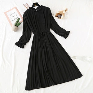 2019 Spring Summer New Hot Women Print Pleated Chiffon Dress  Fashion Female Casual Flare Sleeve Lotus leaf neck Basic Dresses86