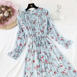 2019 Spring Summer New Hot Women Print Pleated Chiffon Dress  Fashion Female Casual Flare Sleeve Lotus leaf neck Basic Dresses86