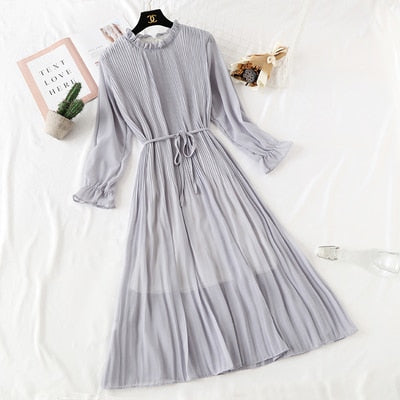 2019 Spring Summer New Hot Women Print Pleated Chiffon Dress  Fashion Female Casual Flare Sleeve Lotus leaf neck Basic Dresses86