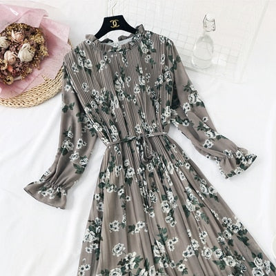 2019 Spring Summer New Hot Women Print Pleated Chiffon Dress  Fashion Female Casual Flare Sleeve Lotus leaf neck Basic Dresses86