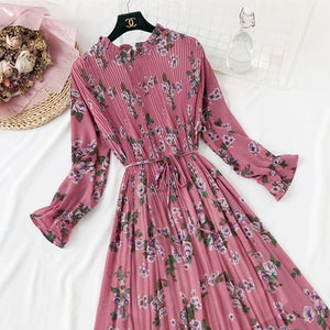 2019 Spring Summer New Hot Women Print Pleated Chiffon Dress  Fashion Female Casual Flare Sleeve Lotus leaf neck Basic Dresses86