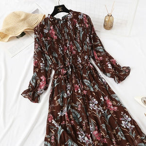 2019 Spring Summer New Hot Women Print Pleated Chiffon Dress  Fashion Female Casual Flare Sleeve Lotus leaf neck Basic Dresses86