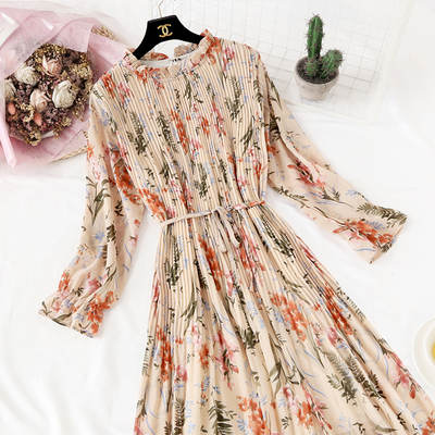 2019 Spring Summer New Hot Women Print Pleated Chiffon Dress  Fashion Female Casual Flare Sleeve Lotus leaf neck Basic Dresses86