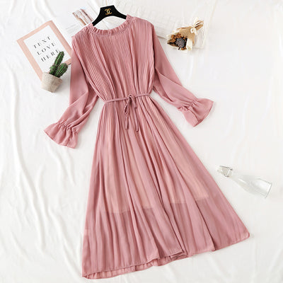 2019 Spring Summer New Hot Women Print Pleated Chiffon Dress  Fashion Female Casual Flare Sleeve Lotus leaf neck Basic Dresses86