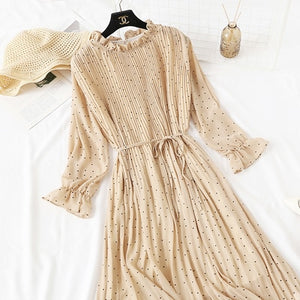 2019 Spring Summer New Hot Women Print Pleated Chiffon Dress  Fashion Female Casual Flare Sleeve Lotus leaf neck Basic Dresses86