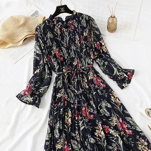 2019 Spring Summer New Hot Women Print Pleated Chiffon Dress  Fashion Female Casual Flare Sleeve Lotus leaf neck Basic Dresses86