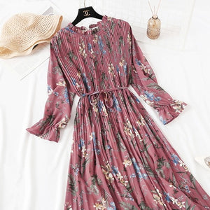 2019 Spring Summer New Hot Women Print Pleated Chiffon Dress  Fashion Female Casual Flare Sleeve Lotus leaf neck Basic Dresses86