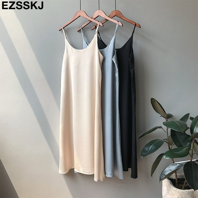 Spring summer 2019 Woman Tank Dress Casual Satin Sexy Camisole Elastic Female Home Beach Dresses v-neck camis sexy dress